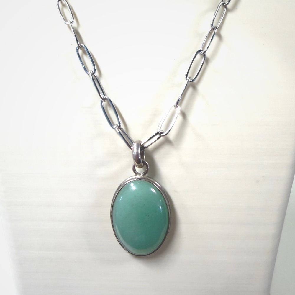 Sterling Silver Jadeite Pendant Necklace Paperclip Chain Green Gemstone 20-22in